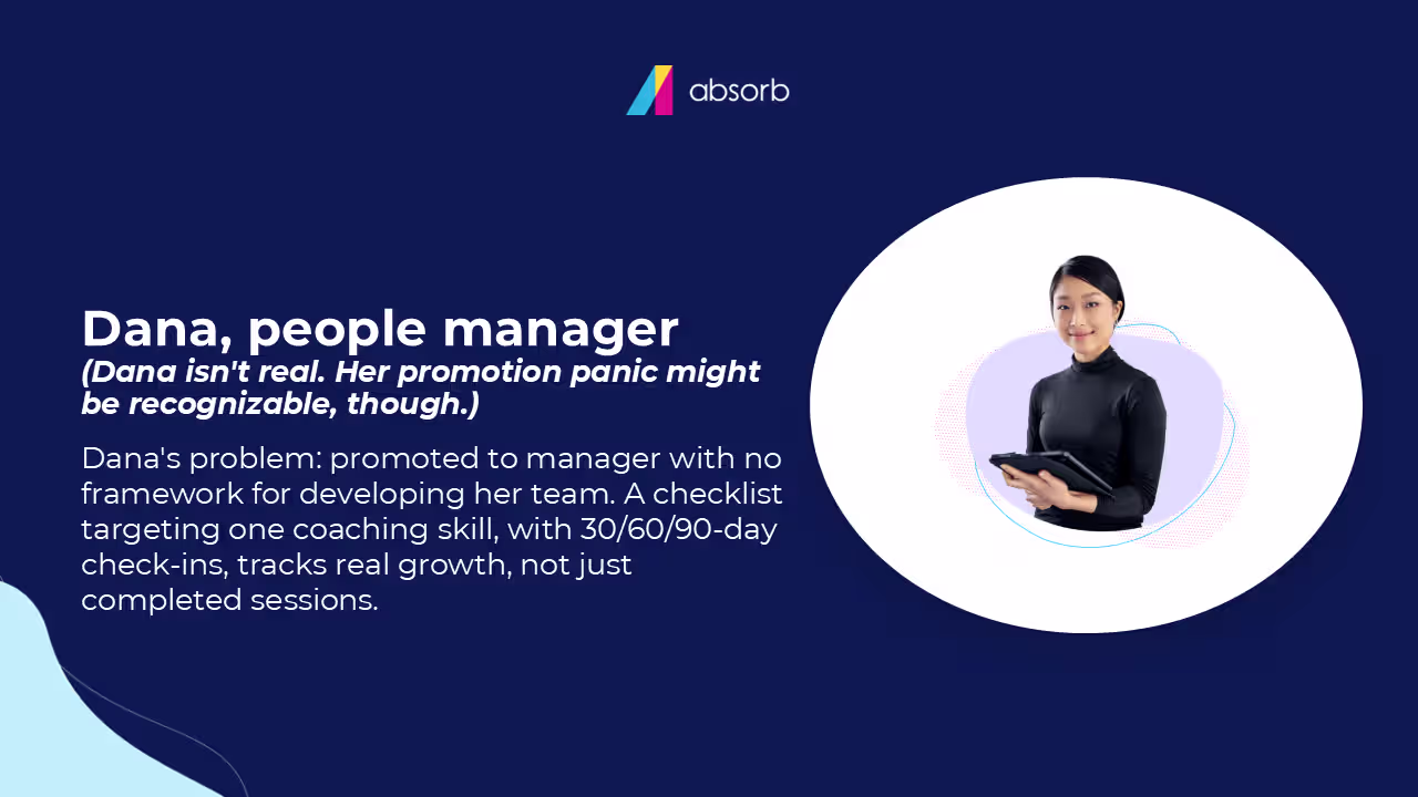 Absorb branded slide introducing 'Dana, people manager' (a fictional persona), with a photo of a woman holding a tablet and text describing her problem of being promoted without a coaching framework, resolved by a checklist targeting one skill with 30/60/90-day check-ins.
