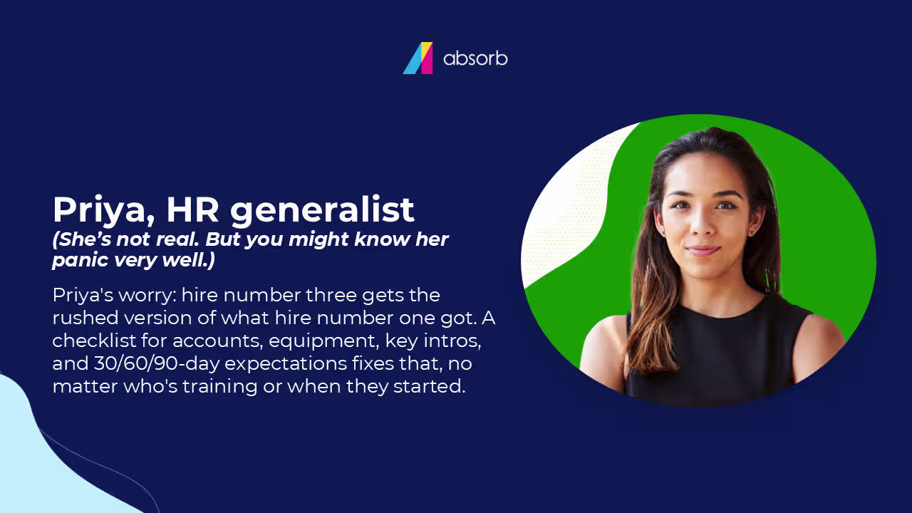 Absorb branded slide introducing 'Priya, HR generalist' (a fictional persona), with a photo of a woman in a black top and text describing her worry that later hires get a rushed onboarding, resolved by a checklist covering accounts, equipment, intros, and 30/60/90-day expectations.