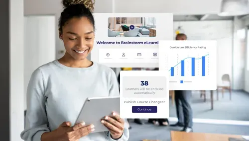 Woman using a tablet with an LMS dashboard overlay showing course enrollment and curriculum analytics