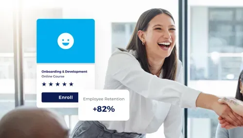 Onboarding & Development online course card with 5-star rating and Enroll button, and Employee Retention +82% stat, next to a smiling woman shaking hands