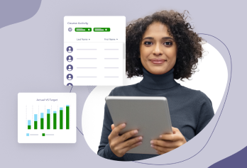 Woman holding a tablet beside dashboard graphics showing course activity and annual vs. target charts