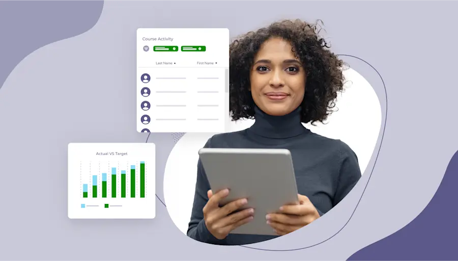 Woman holding a tablet next to course activity and target-tracking dashboard panels