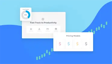 Card graphic with a progress chart, 'Fast Track to Productivity' heading, and 'Pricing Models' with dollar signs on a rising bar chart