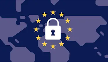 A padlock surrounded by EU stars over a world map, representing GDPR data protection