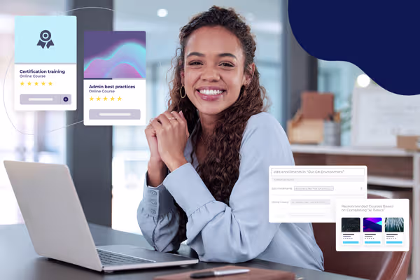 Woman at a laptop with course cards for certification training and admin best practices, and an enrollment dashboard