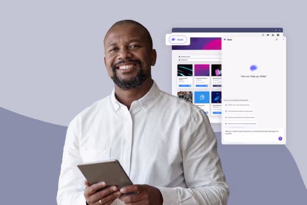 Man holding a tablet next to an AI chat assistant interface asking how it can help