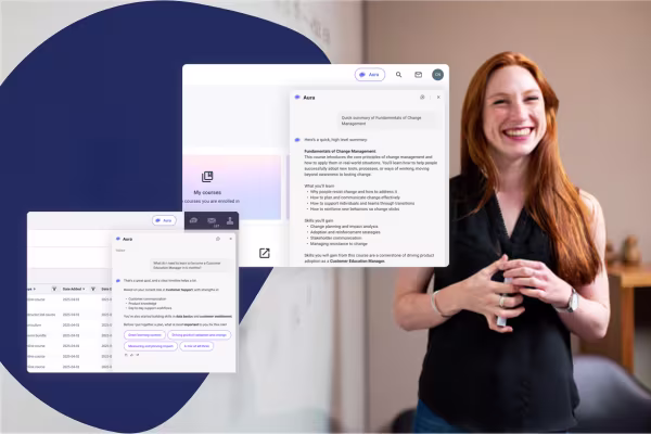 Screenshots of an AI assistant named Aera summarizing a course and answering questions, next to a smiling woman
