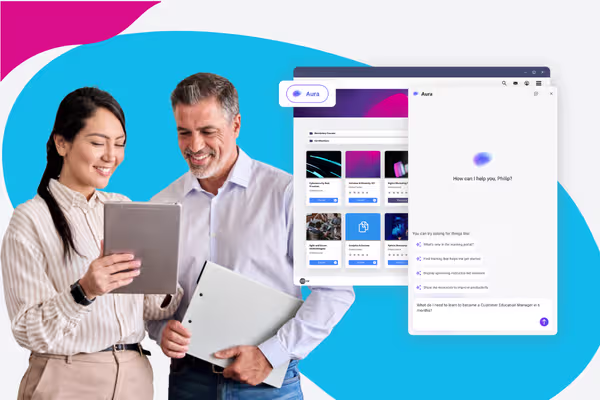 Two professionals viewing a course library, next to an Aura AI chat assistant answering learning questions