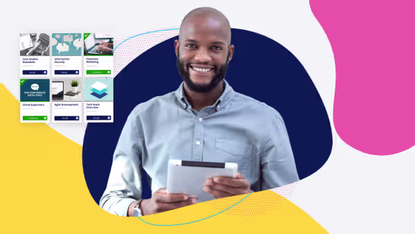Man holding a tablet beside preview cards of resources like case studies and training topics