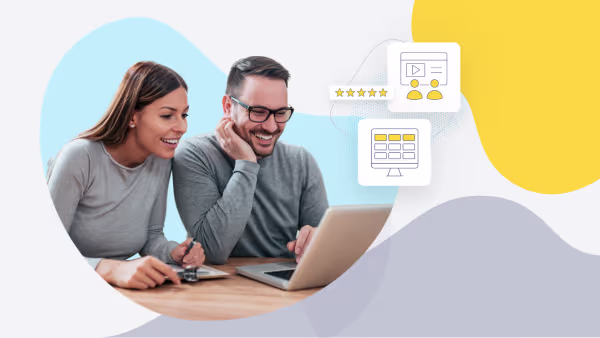 Two people reviewing content together on a laptop, with icons showing ratings and dashboard analytics