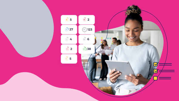 Woman reviewing a tablet with checklist and metric icons, illustrating LMS implementation tracking