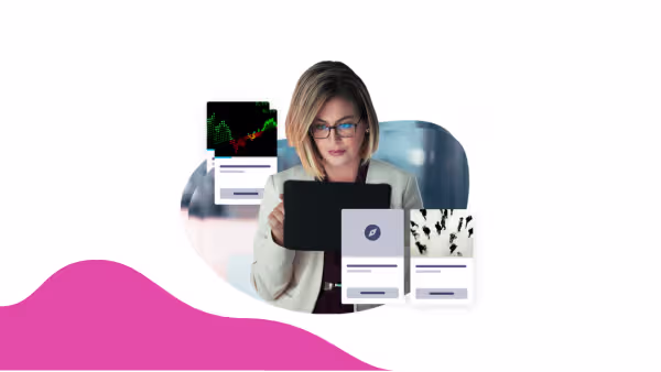 A businesswoman reviewing a tablet, surrounded by data charts and app interface graphics