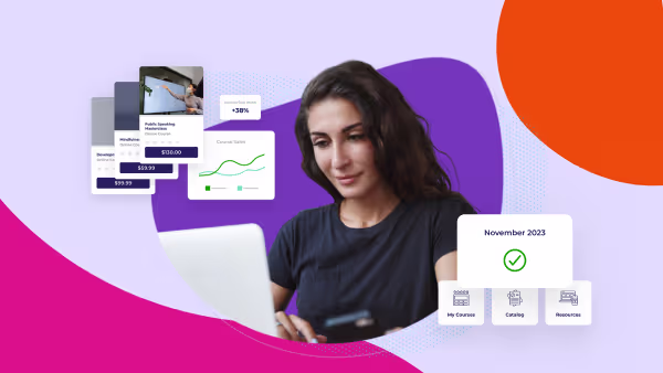 Woman using a laptop and phone, surrounded by course cards, a growth chart, and a course dashboard