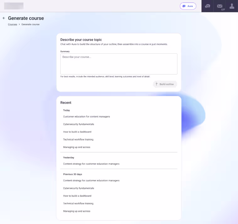Absorb LMS Aura Create product shot showing easy course creation