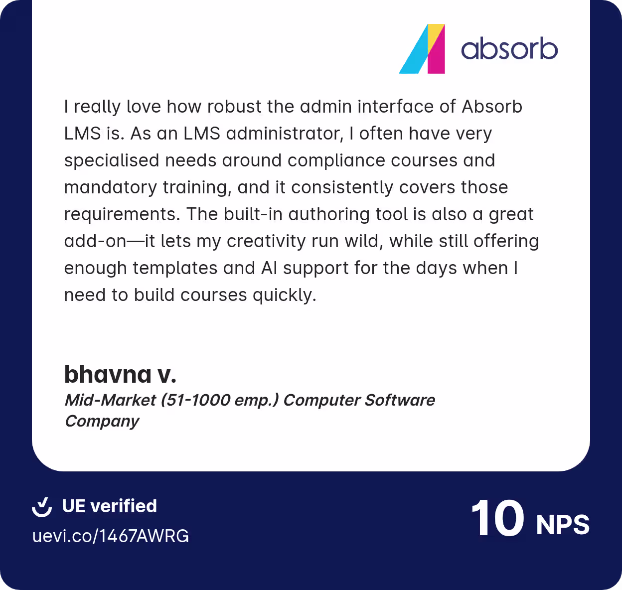 Verified testimonial for Absorb LMS about the robust admin interface of the LMS
