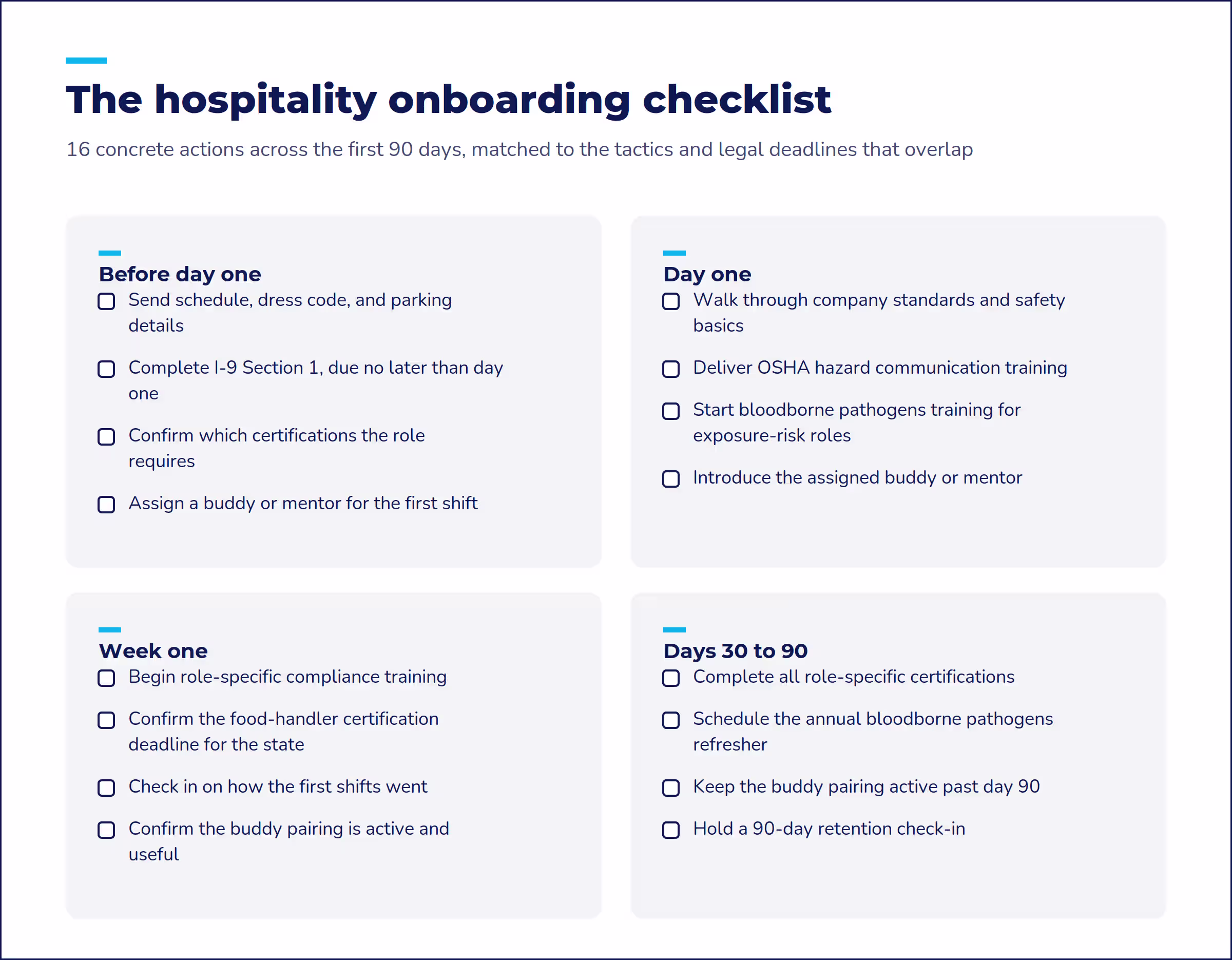 Employee onboarding for hospitality checklist covering I-9, OSHA, bloodborne training, and buddy pairing over 90 days