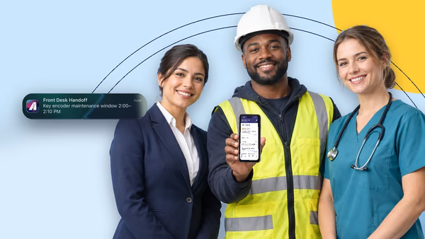 Three frontline workers, one holding a phone running the Absorb Frontline App, beside a shift handoff notification