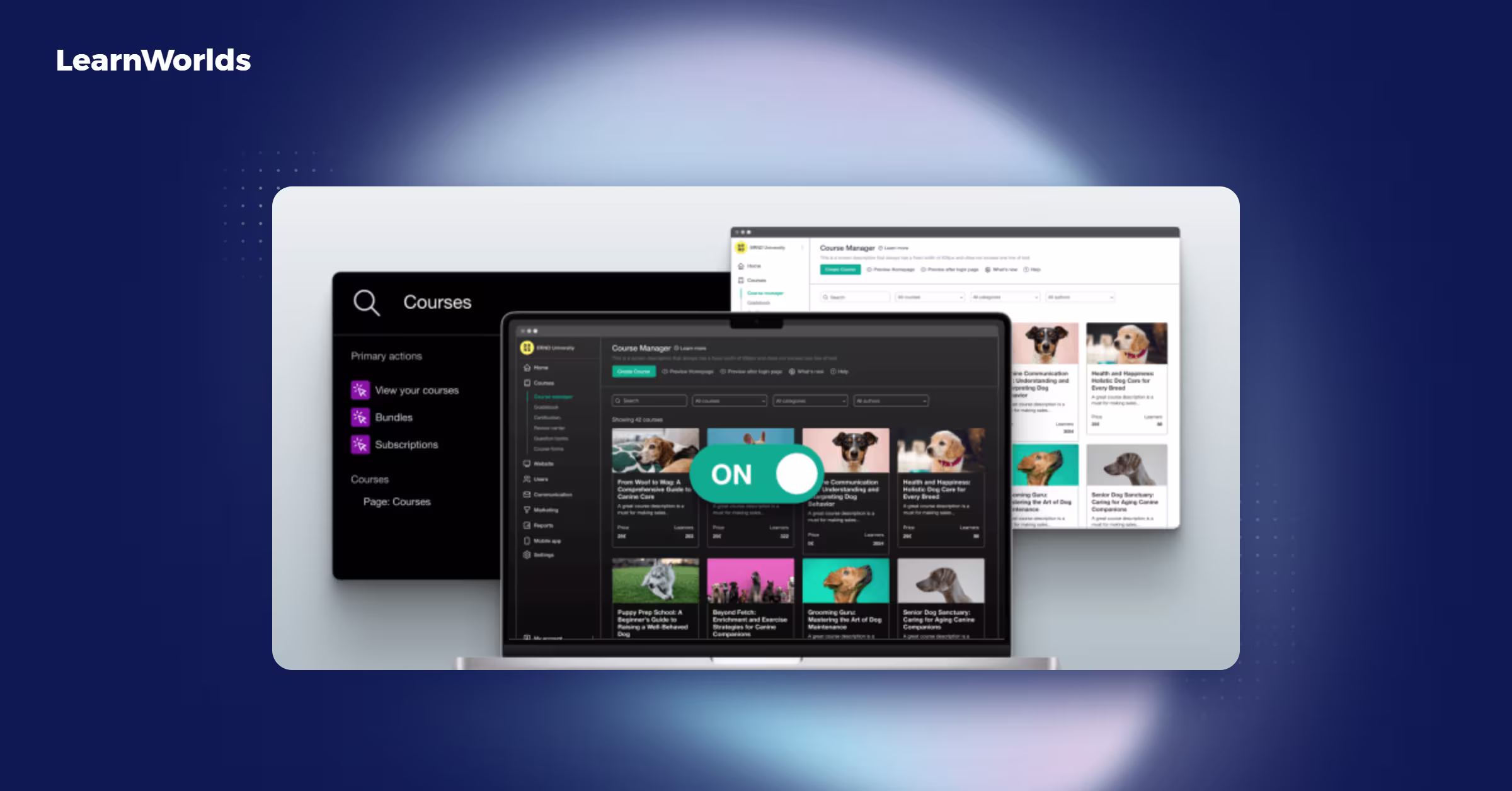 LearnWorlds dashboard showing courses and course manager