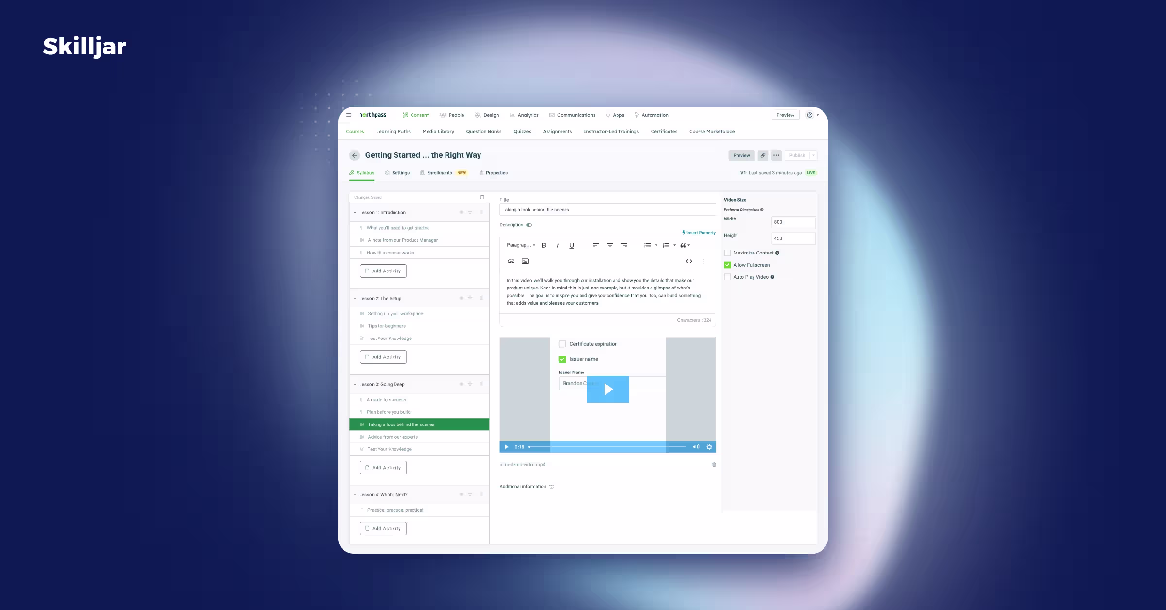 Skilljar dashboard for course creation