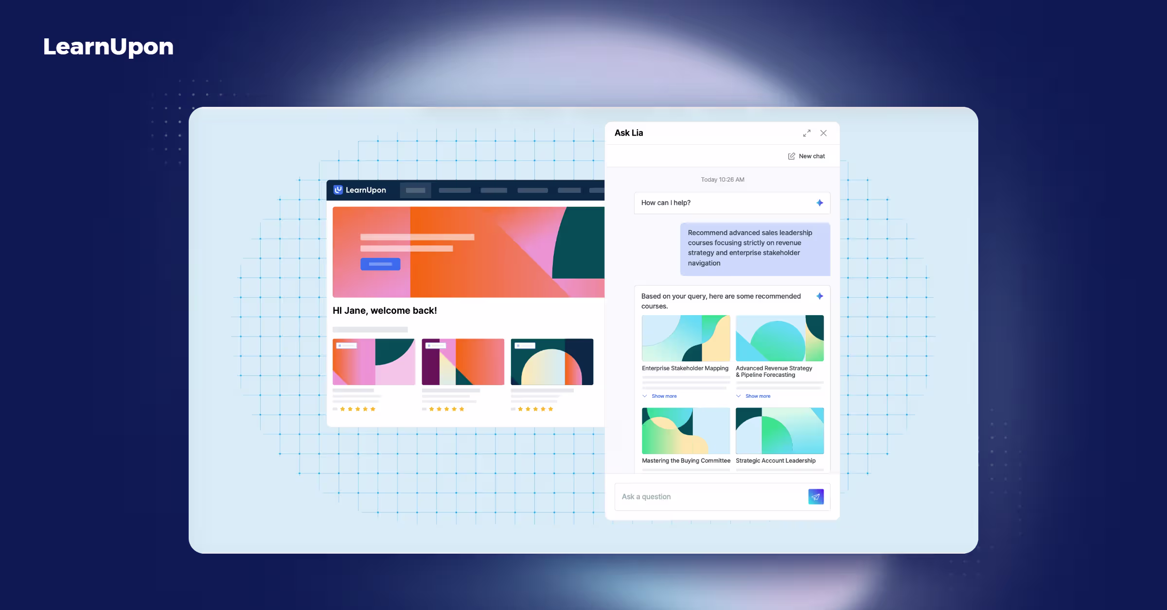 LearnUpon dashboard with an AI assistant asking how it can help