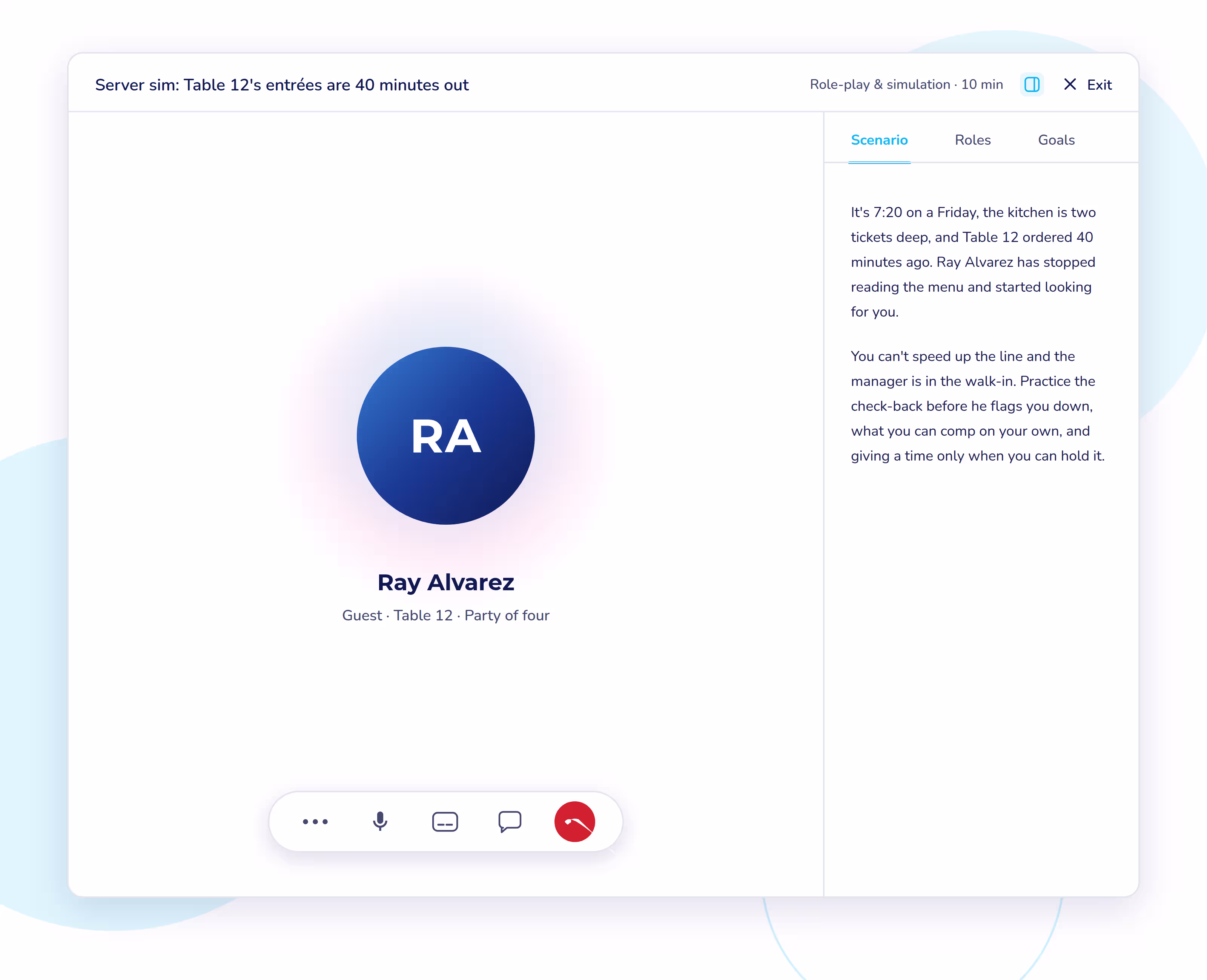 Restaurant server training simulation: AI role-play with a guest whose entrées are 40 minutes behind.