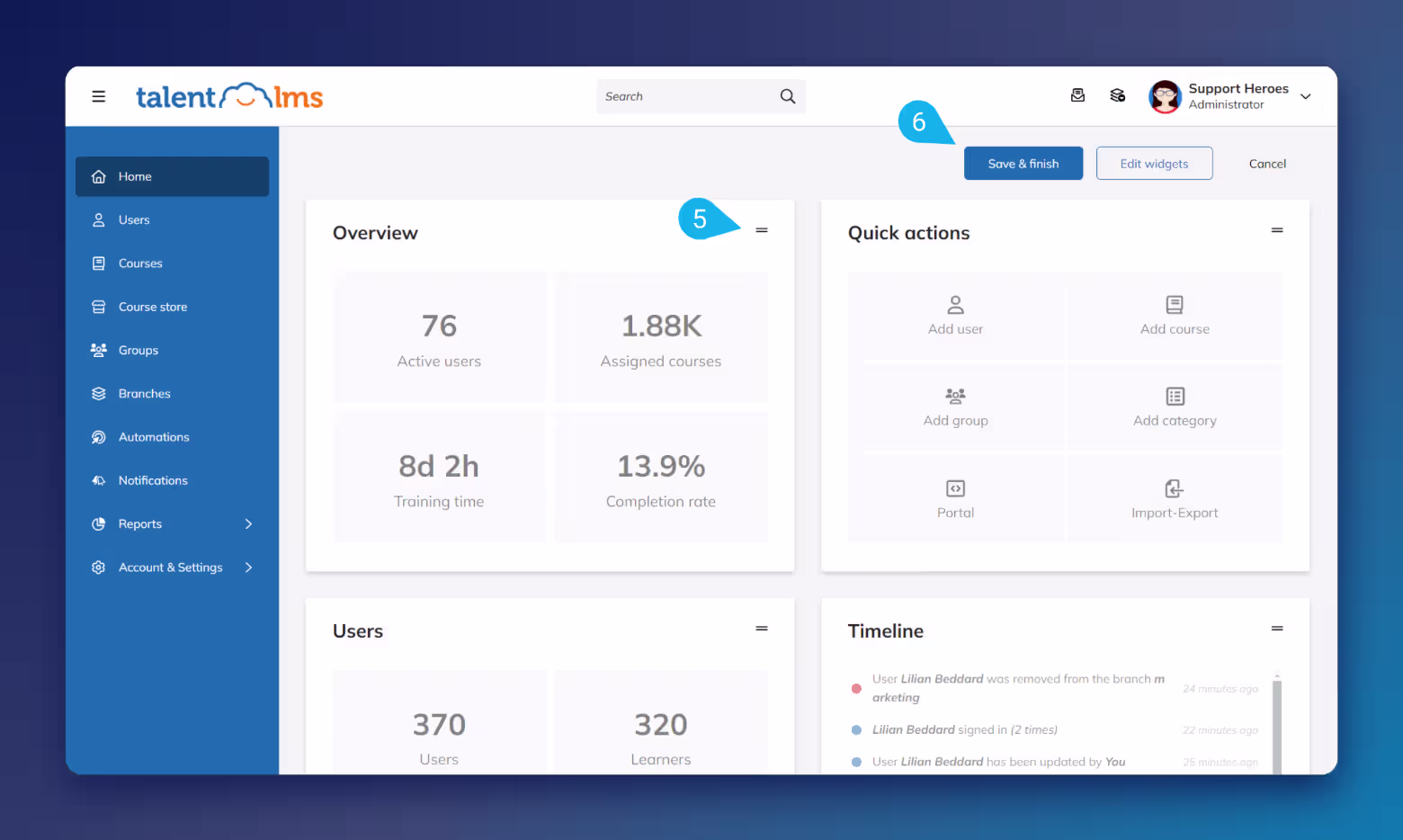 TalentLMS admin dashboard with active users, completion rate, quick actions and a timeline