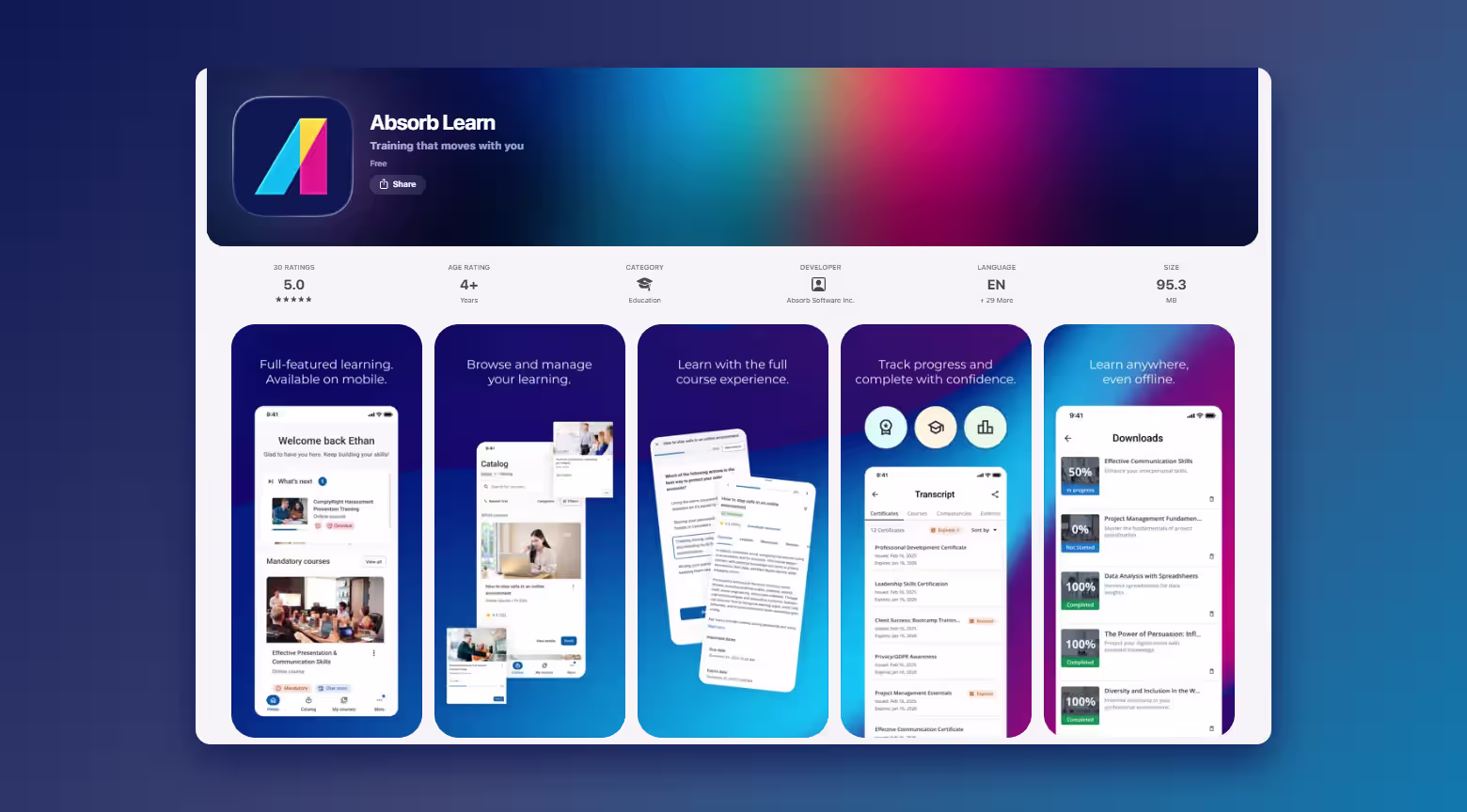 Absorb Learn microlearning platform app on the App Store showing course, progress and offline download screens