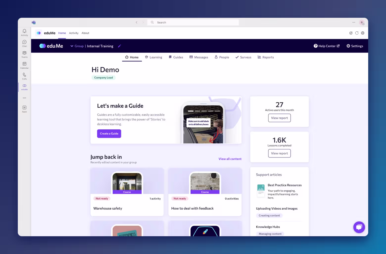 eduMe microlearning platform in Microsoft Teams showing guides, recent courses and lesson stats