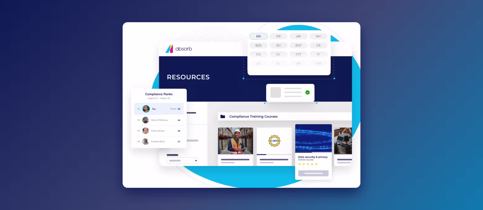 Absorb LMS resources page with compliance training courses, a leaderboard and language options