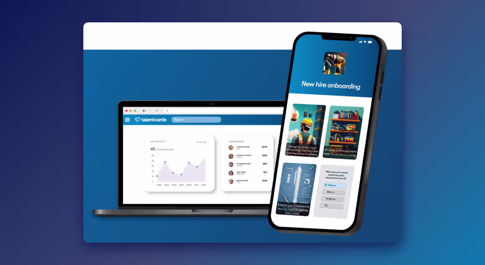 TalentCards microlearning platform on laptop and phone showing onboarding cards and app activity