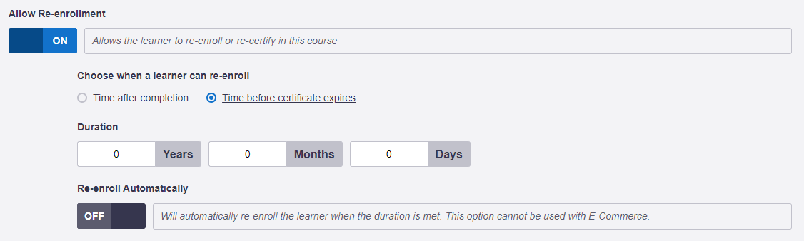 Absorb LMS re-enrollment settings with "Time before certificate expires" selected, duration fields, and the Re-enroll Automatically toggle.
