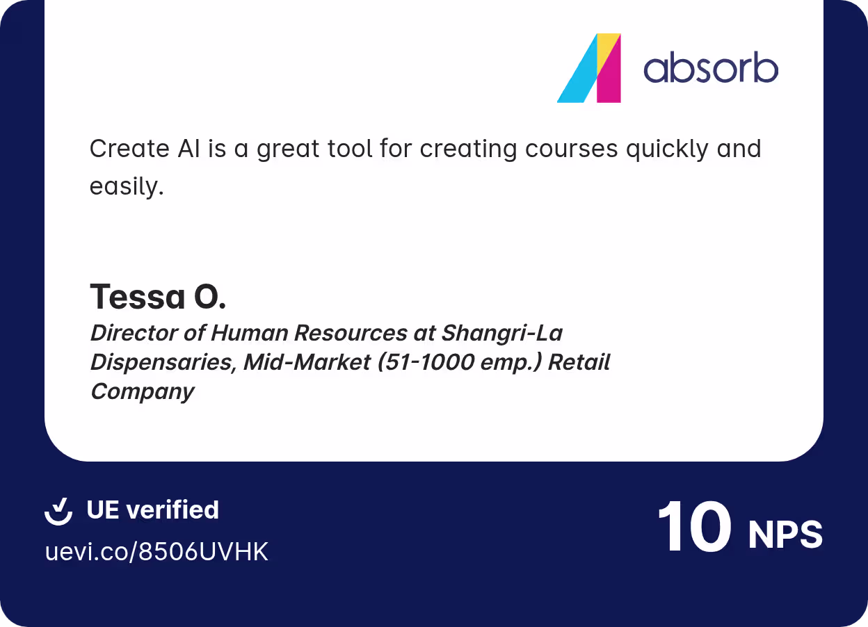 Create AI review: "a great tool for creating courses quickly and easily" — Tessa O., HR director, 10 NPS