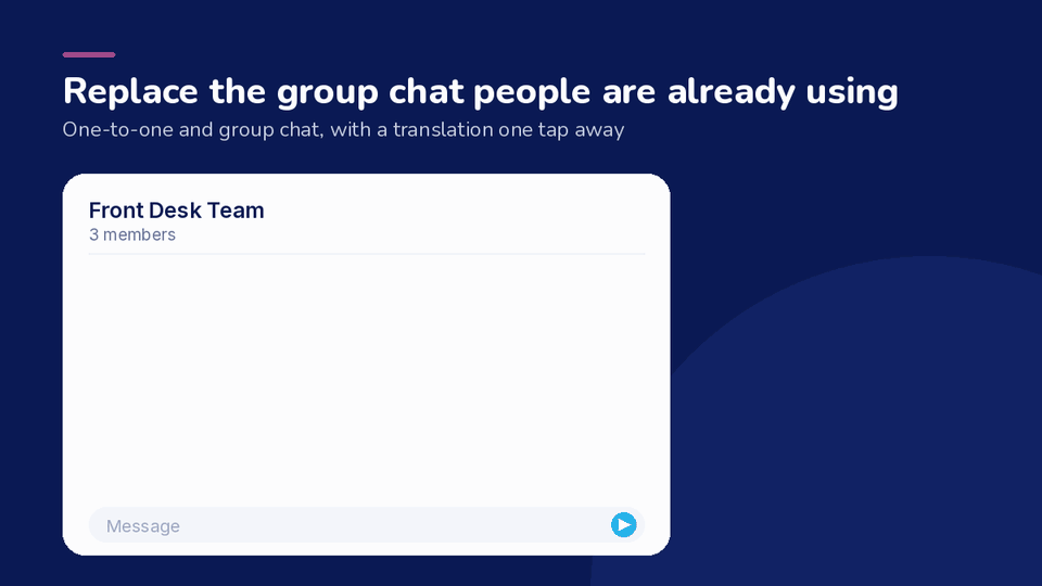 Animated illustration of a Front Desk Team group chat in Absorb Frontline: a message arrives in Spanish, a tap on Translate swaps it to English with a Translated tag and a Show original link, and a reply is sent, with a note that photos and voice notes are supported too