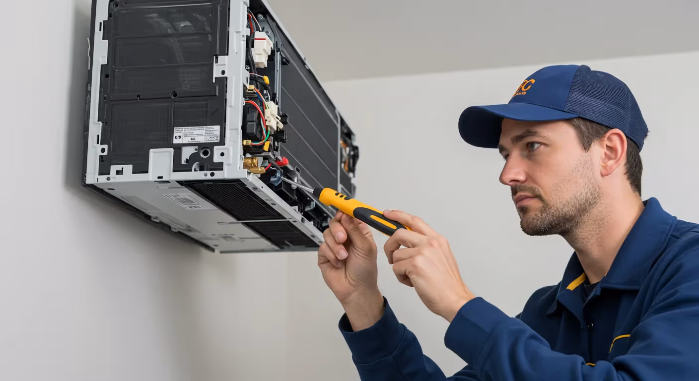 A male technician wearing a hat and blue uniform services a wall-mounted indoor AC unit.