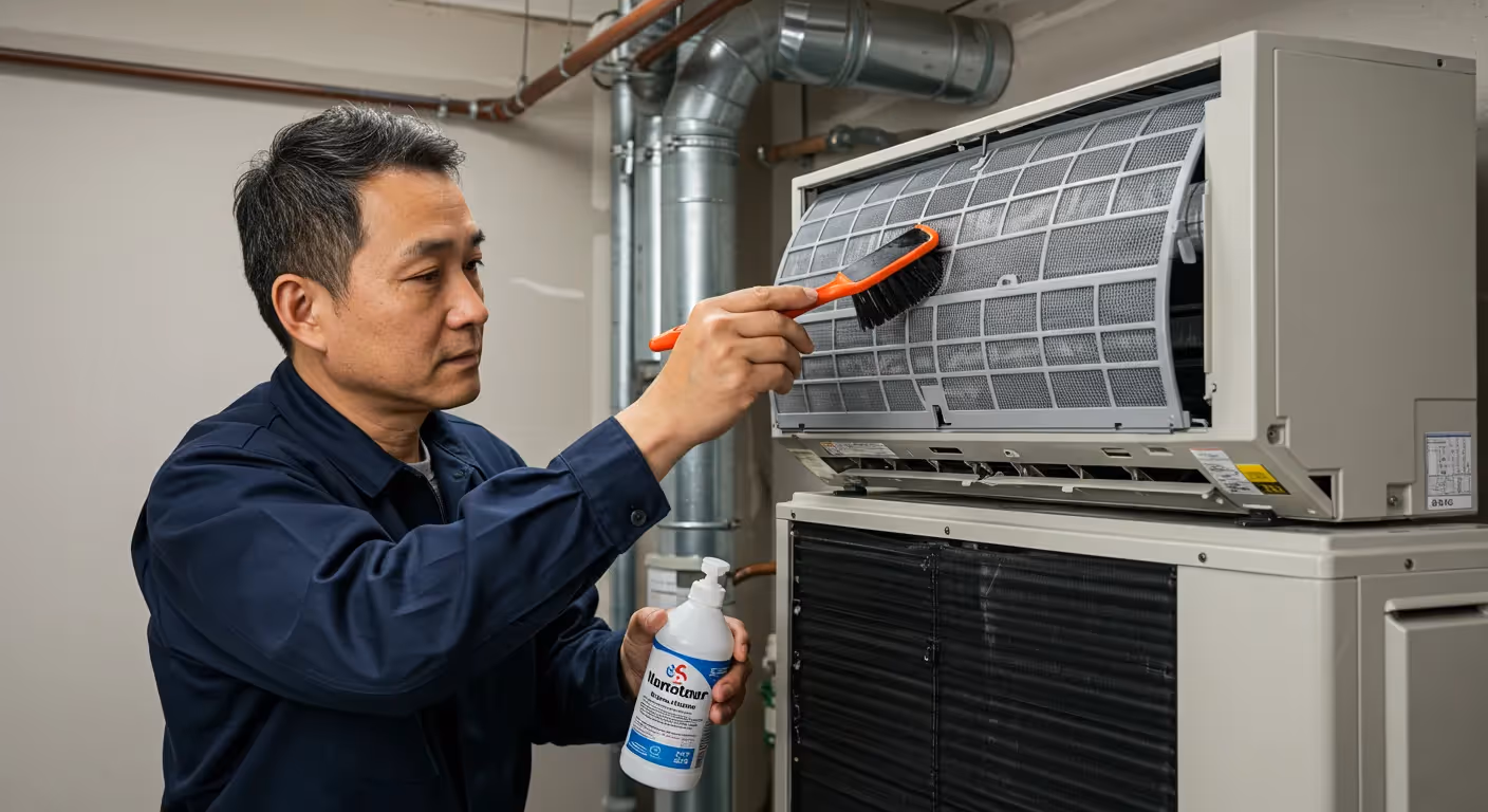 A technician in a blue uniform cleans the filter of an indoor AC unit with a brush and cleaning bottle in a utility room.