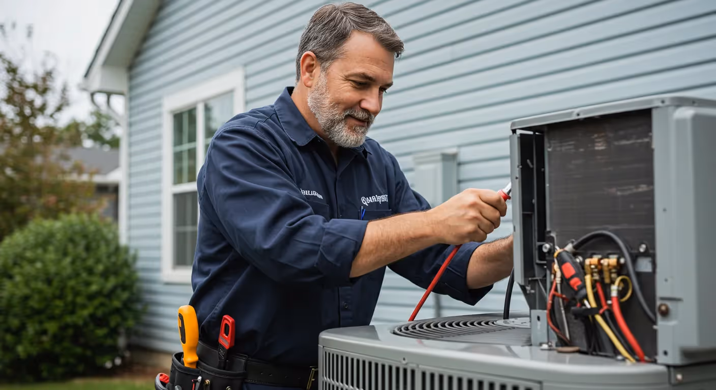 A smiling male technician with a beard and glasses works on the internal parts of an outdoor AC unit.