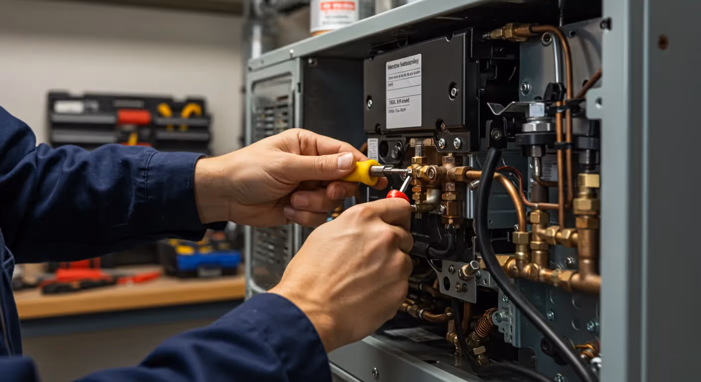 Close-up of a technician's hands in blue gloves using a yellow and black screwdriver to work on a brass valve system inside a furnace.