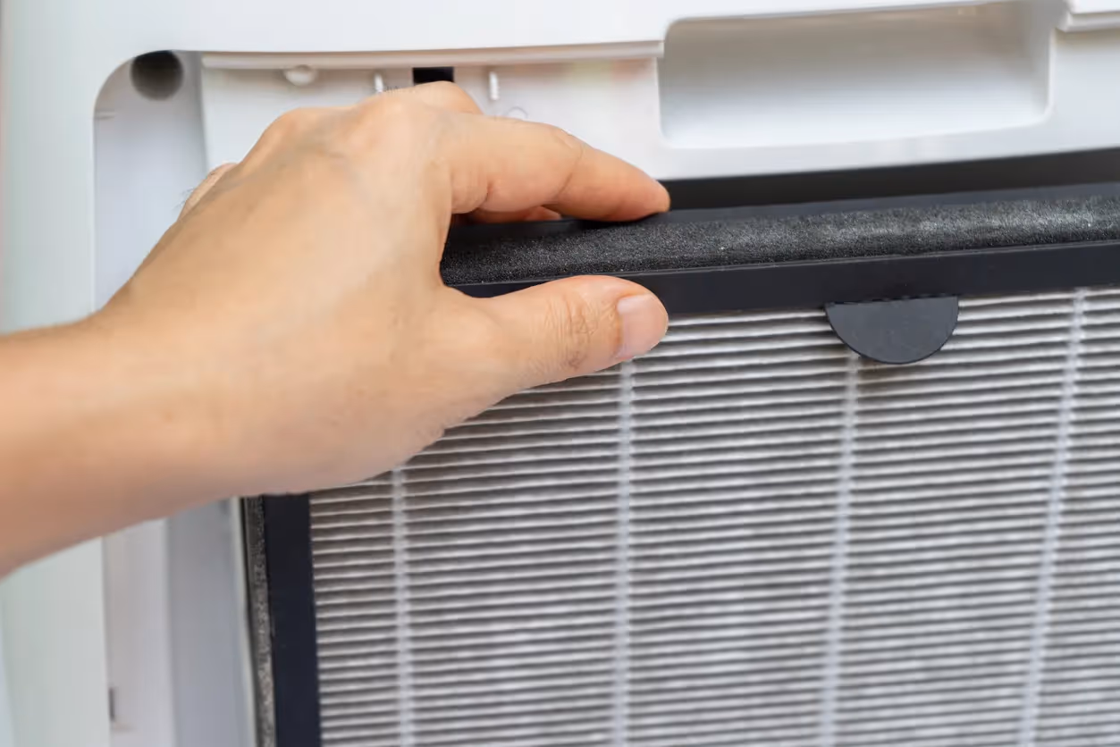 A close-up of a person's hand removing a dirty air filter from an air purifier