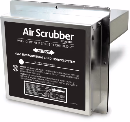 A close-up of a compact, black air scrubber unit