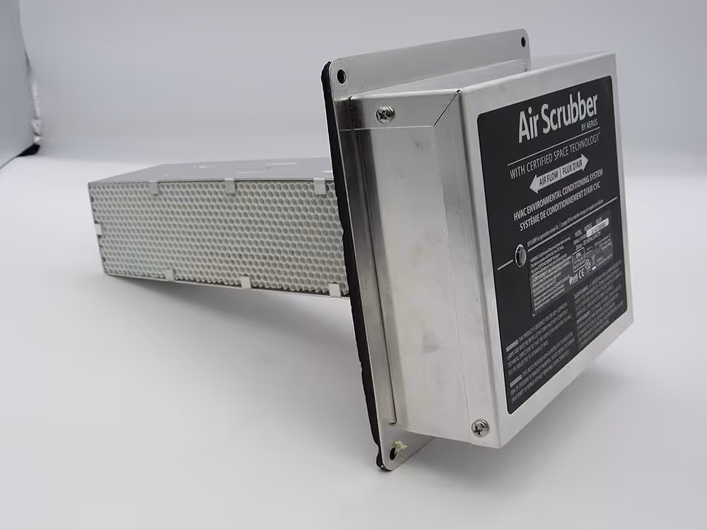 A sleek, modern air purifier unit is shown from a side view