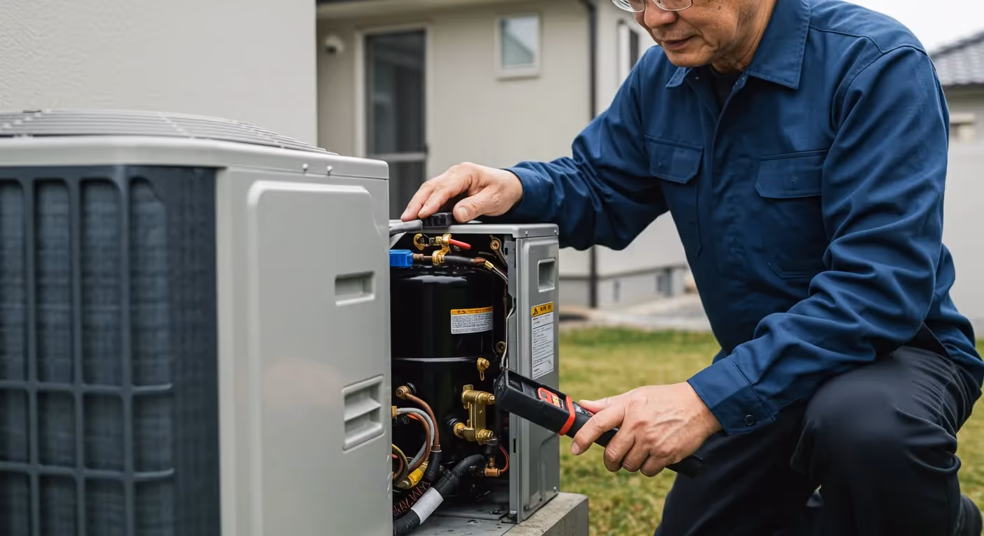 A technician services a residential heat pump.