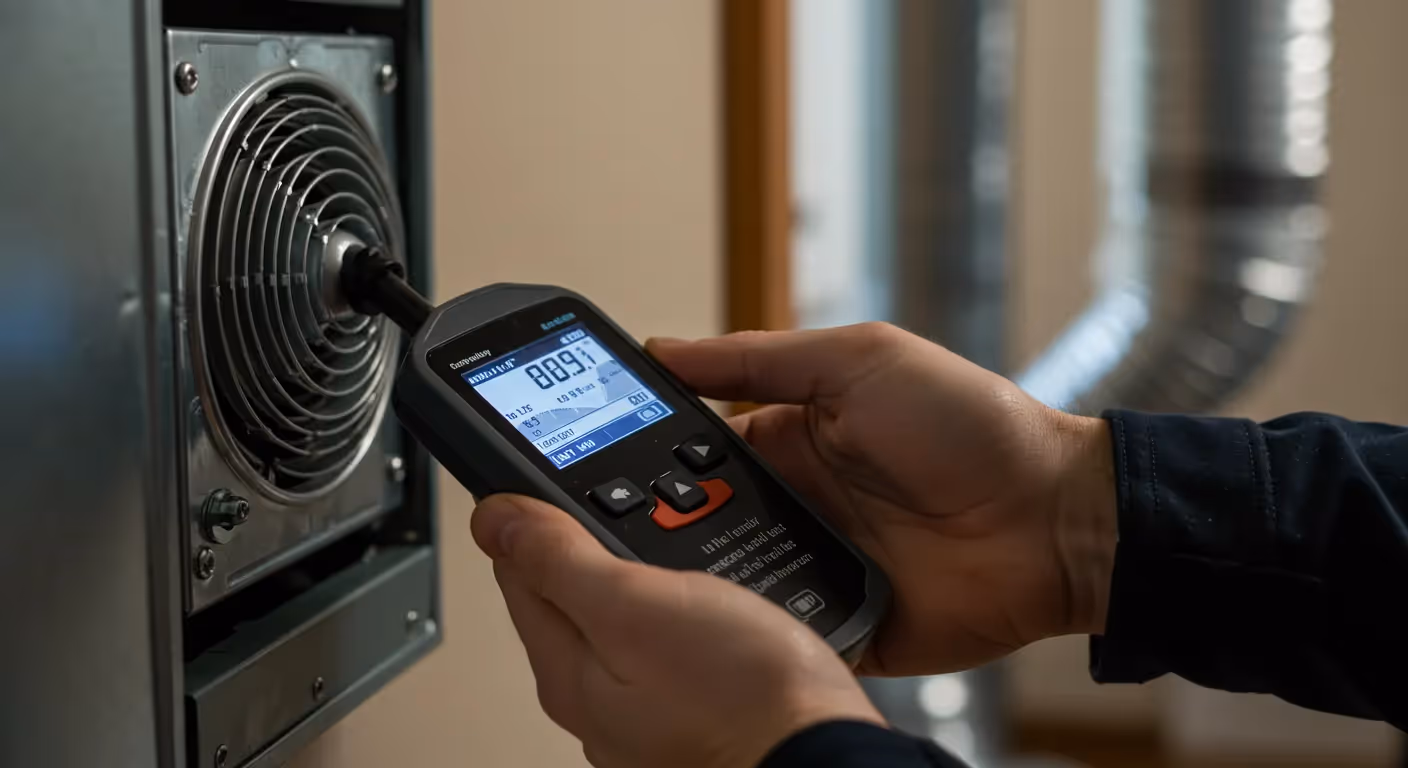 A close-up of a person's hands holding a black digital air quality meter, with the probe inserted into a ventilation fan.