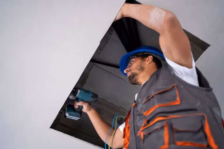 A construction worker wearing a hard hat and safety vest uses a power drill while working inside a ceiling access hole.
