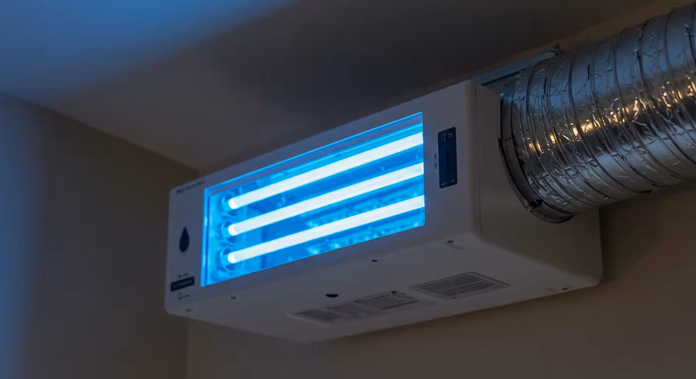 A white air purification unit with three blue glowing lights is mounted on a wall next to a silver vent pipe.