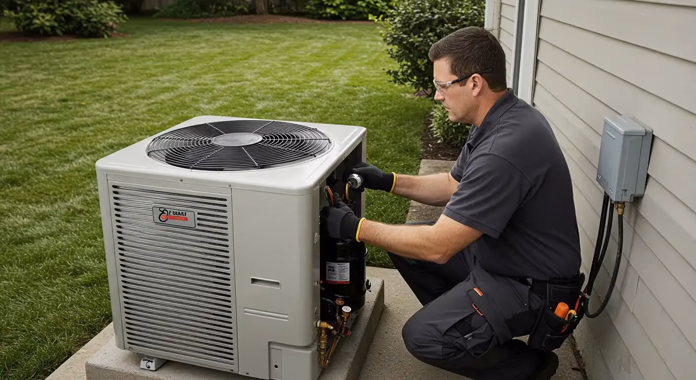 A technician inspecting a HVAC unit.