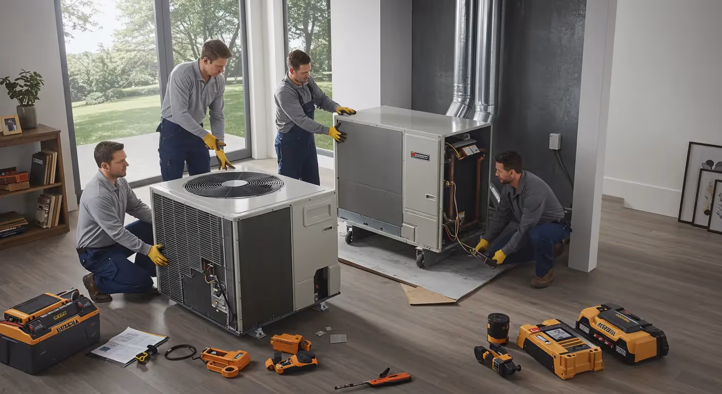 Four technicians replacing an indoor heat pump.