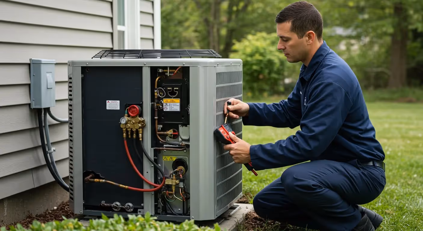A technician inspecting a heat pump.