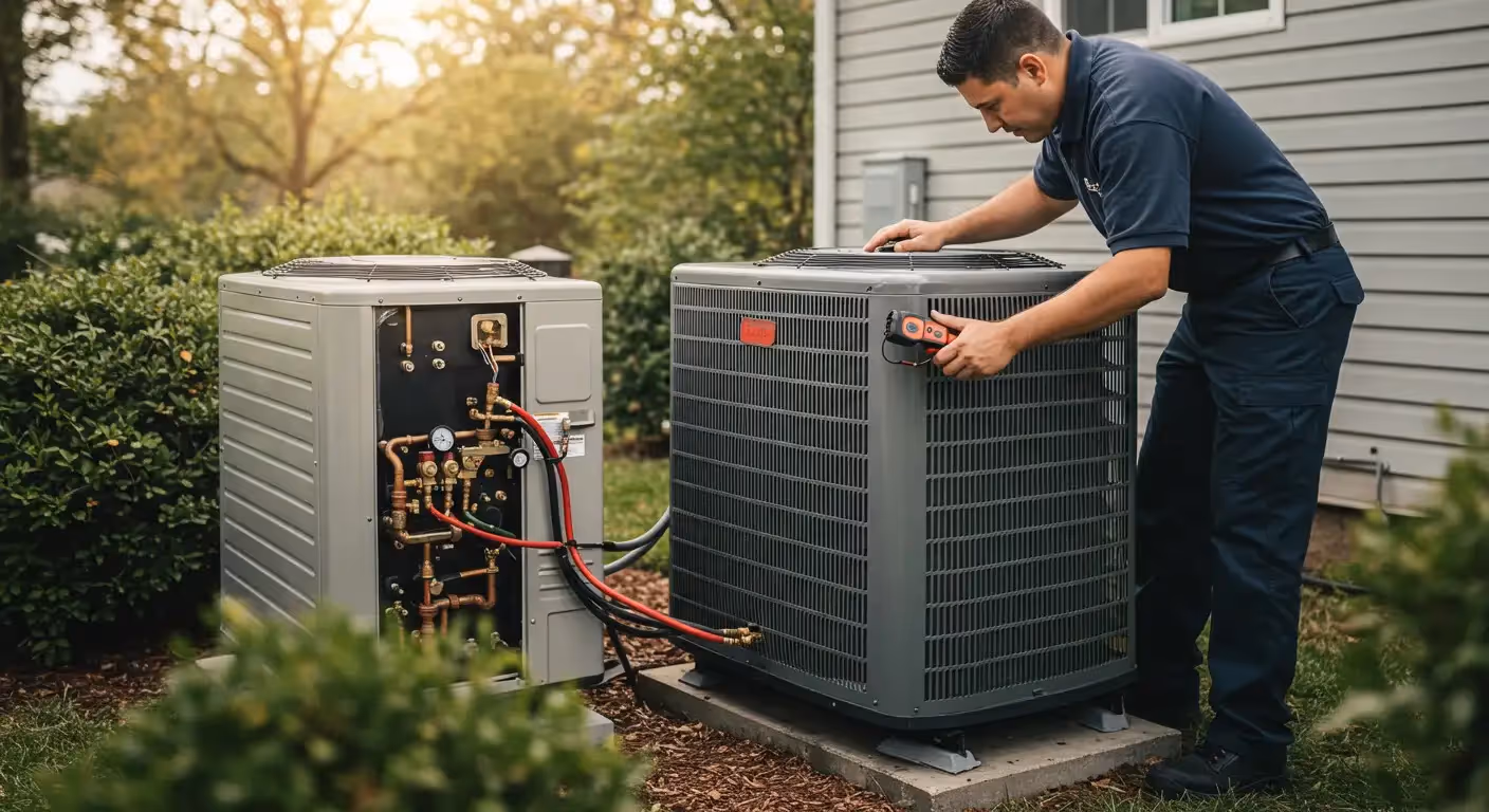 A technician services two HVAC units.