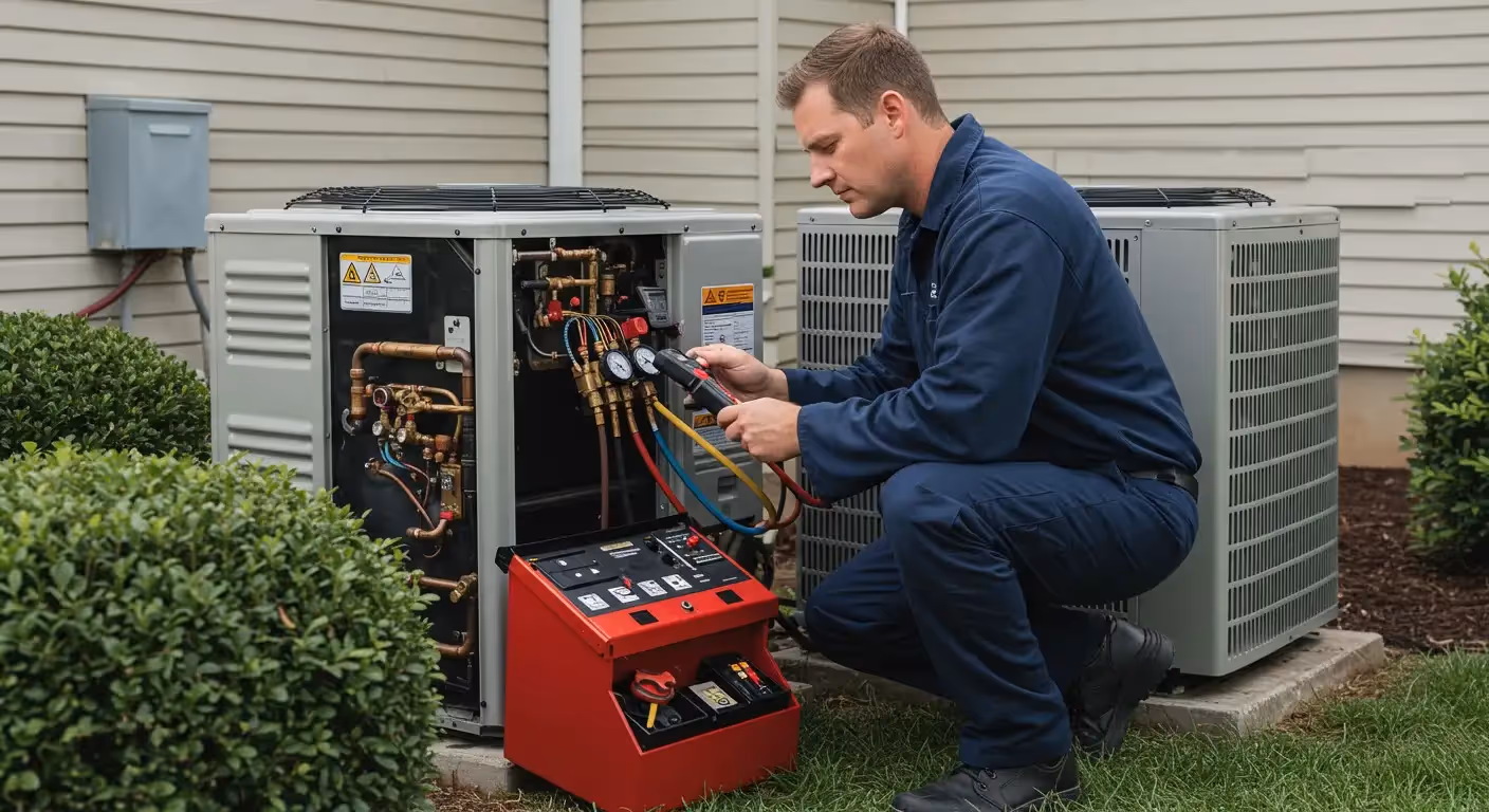 A technician servicing an outdoor heat pump.