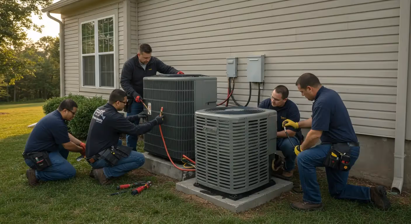 Four technicians servicing two HVAC units.